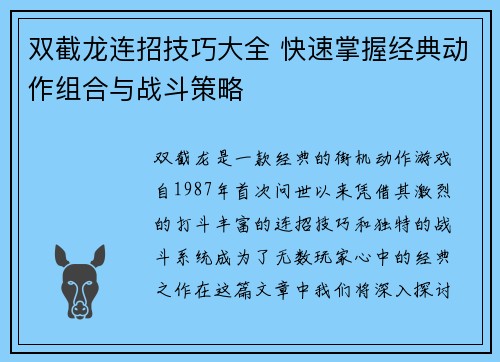 双截龙连招技巧大全 快速掌握经典动作组合与战斗策略